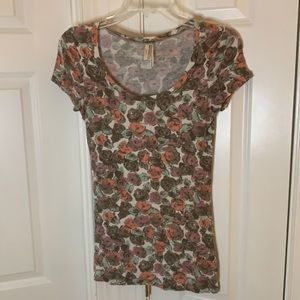 Frenchi Floral Short Sleeve Tee - Brown, Pink, Green
